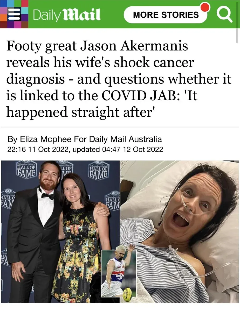 Daily Mail - AFL great Akermanis wife's cancer diagnosis, questions link to COVID jab