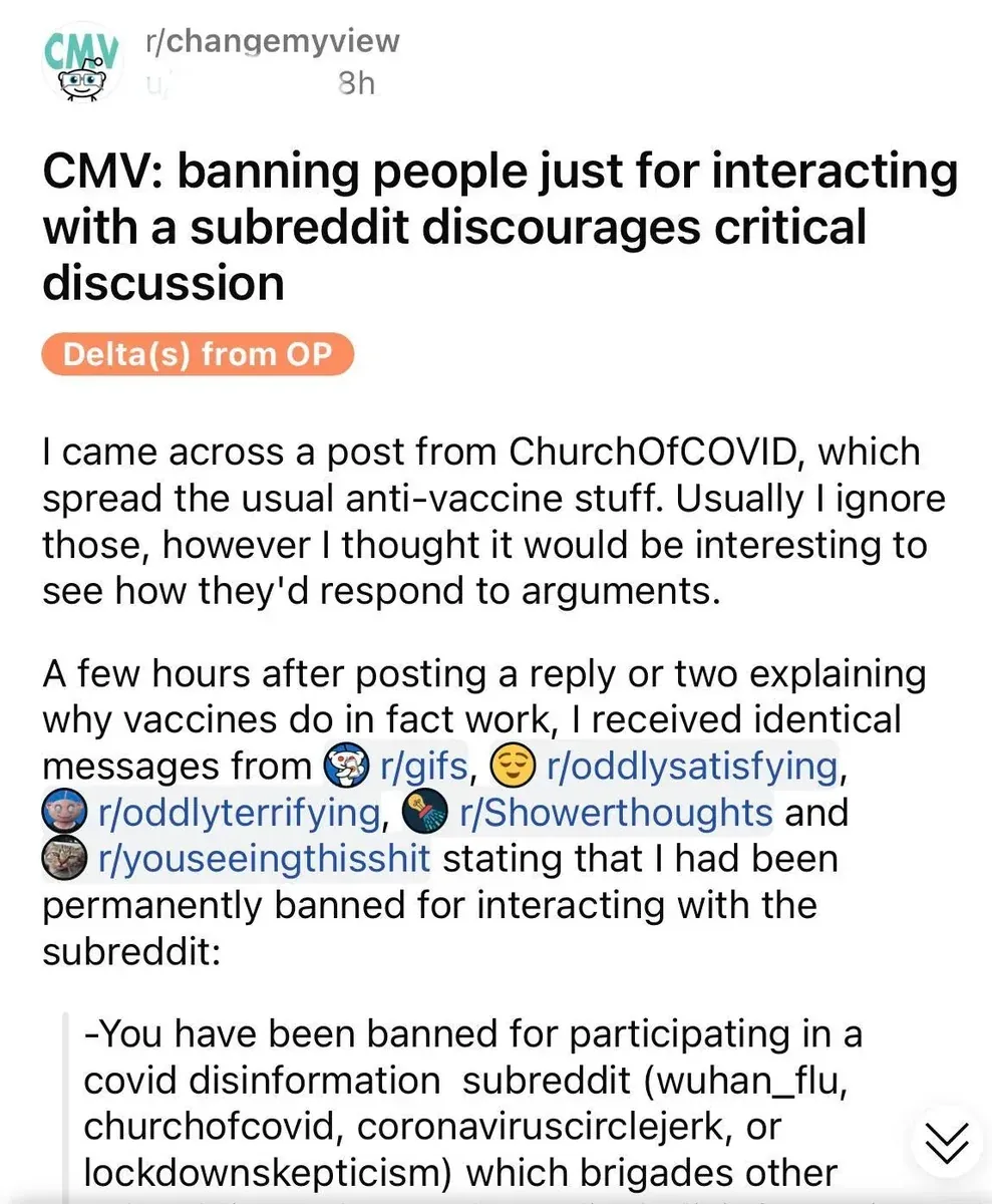 Reddit r/changemyview - banned from 5 subreddits for interacting with ChurchOfCOVID