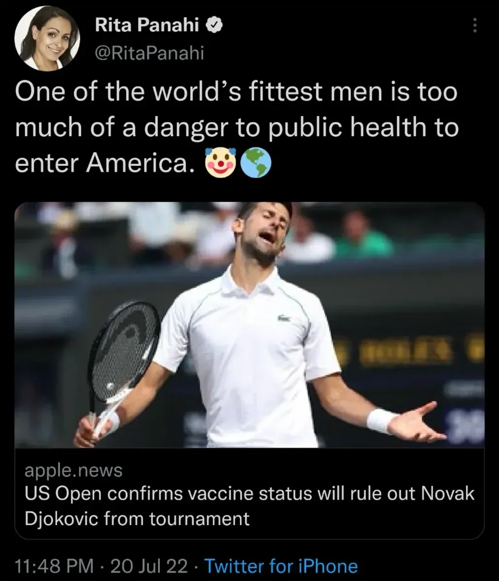 Rita Panahi - Djokovic too dangerous for US Open due to vaccine status (Jul 2022)
