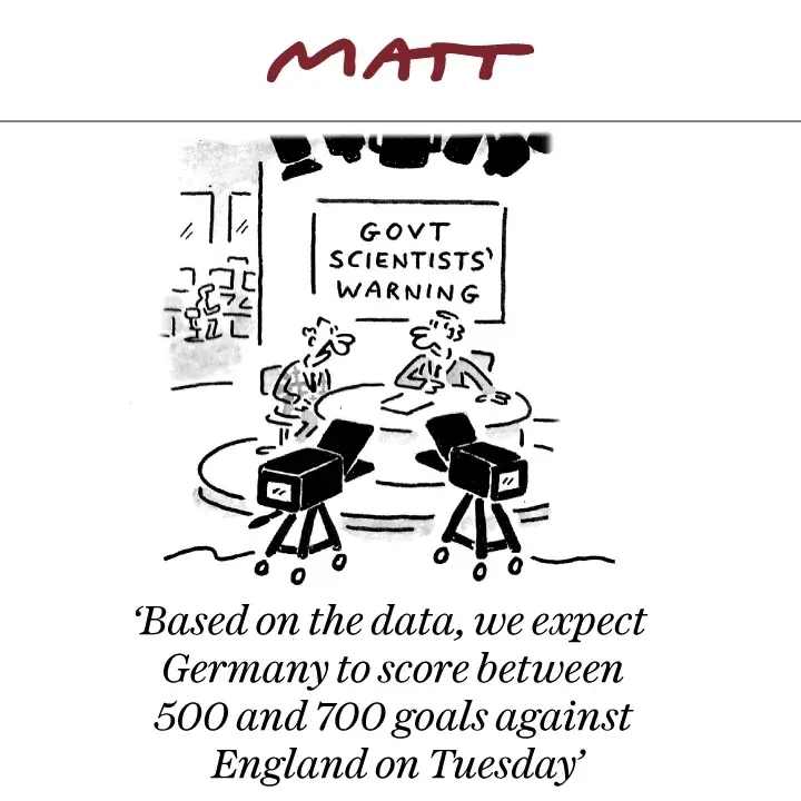 Matt Telegraph cartoon - govt scientists predict 500-700 goals, mocking COVID modelling