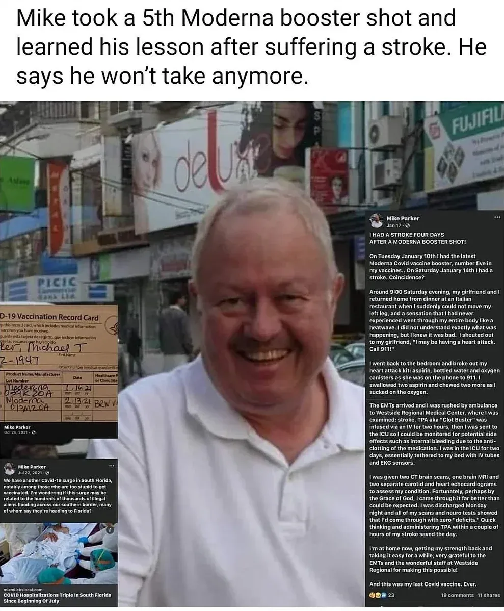 Mike took 5th Moderna booster, had stroke, won't take anymore