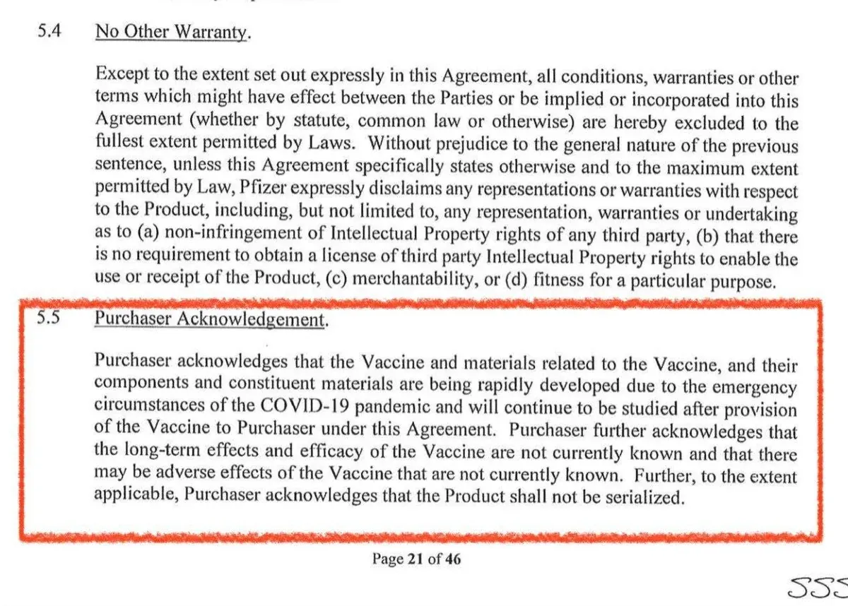 Pfizer contract section 5.5 - purchaser acknowledges long-term effects not known