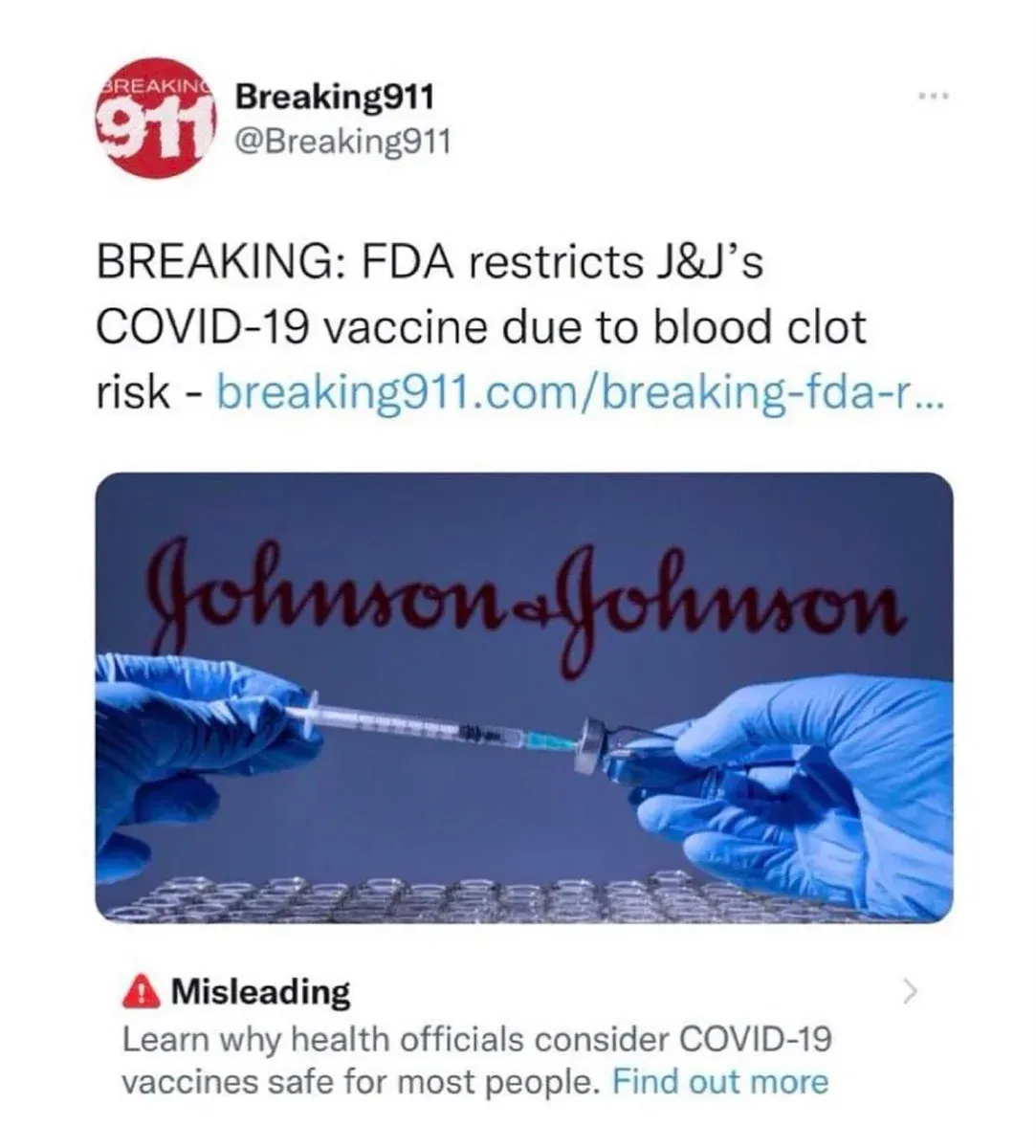 Breaking911 - FDA restricts J&J due to blood clot risk, Twitter adds Misleading label