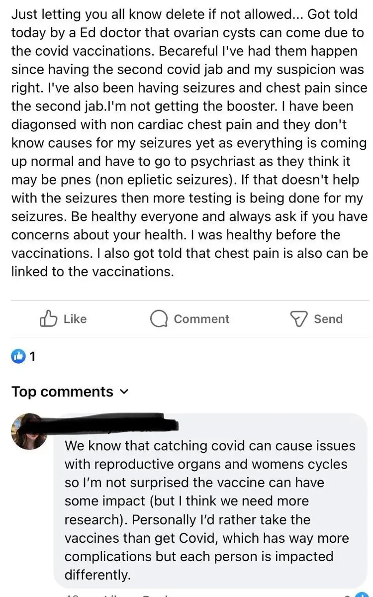 Facebook post - ovarian cysts, seizures, chest pain after second covid jab