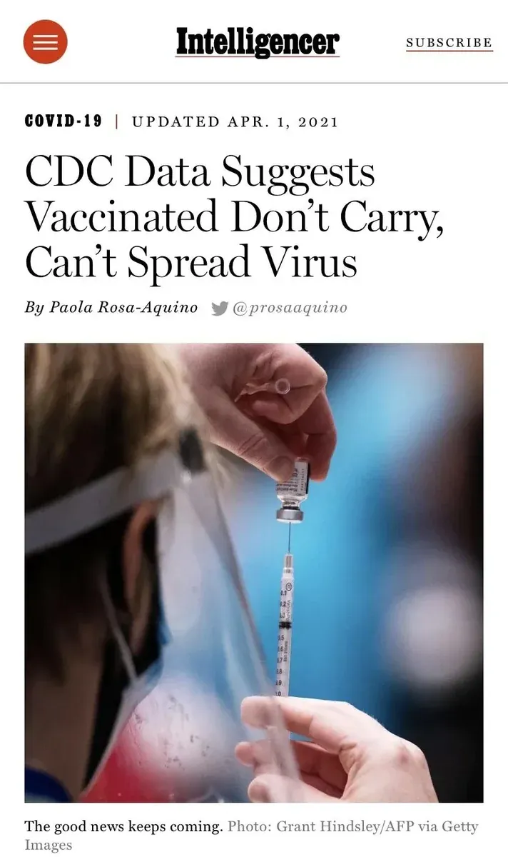 Intelligencer (Apr 2021) - CDC Data Suggests Vaccinated Don't Carry, Can't Spread Virus