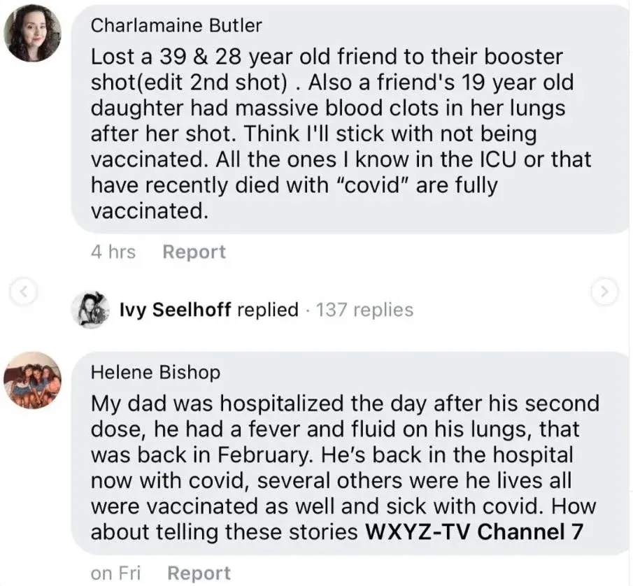 Facebook comments - lost friends to boosters, 19yo with lung clots, dad hospitalized after 2nd dose