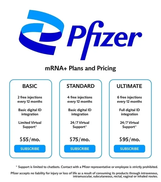 Satirical Pfizer mRNA+ subscription pricing page with Basic ($55/mo), Standard ($75/mo), and Ultimate ($95/mo) tiers including injections and digital ID integration, disclaimer about no liability for injury or death