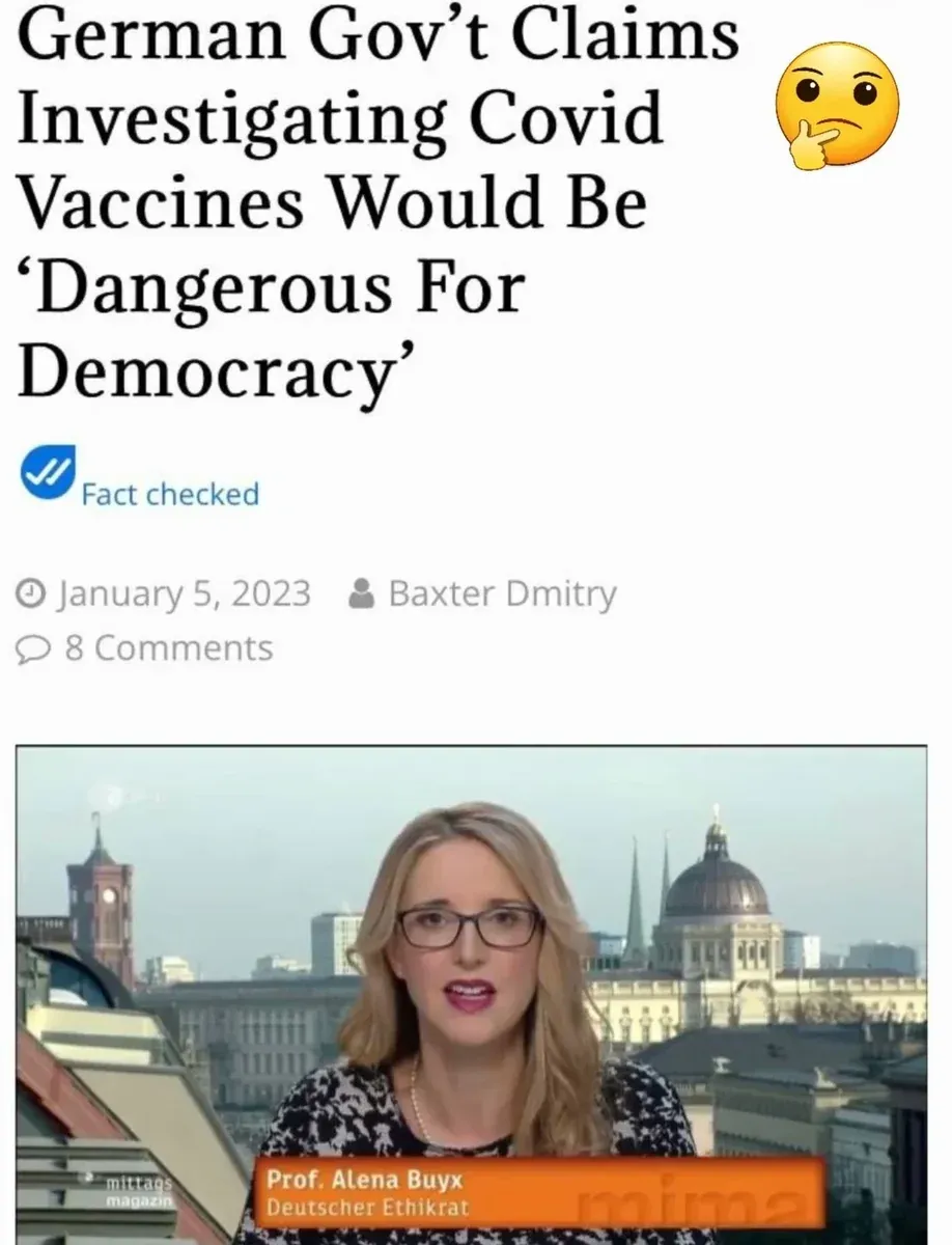 Article - German Gov't Claims Investigating Covid Vaccines Would Be Dangerous For Democracy by Baxter Dmitry (Jan 5 2023) with photo of Prof Alena Buyx from Deutscher Ethikrat