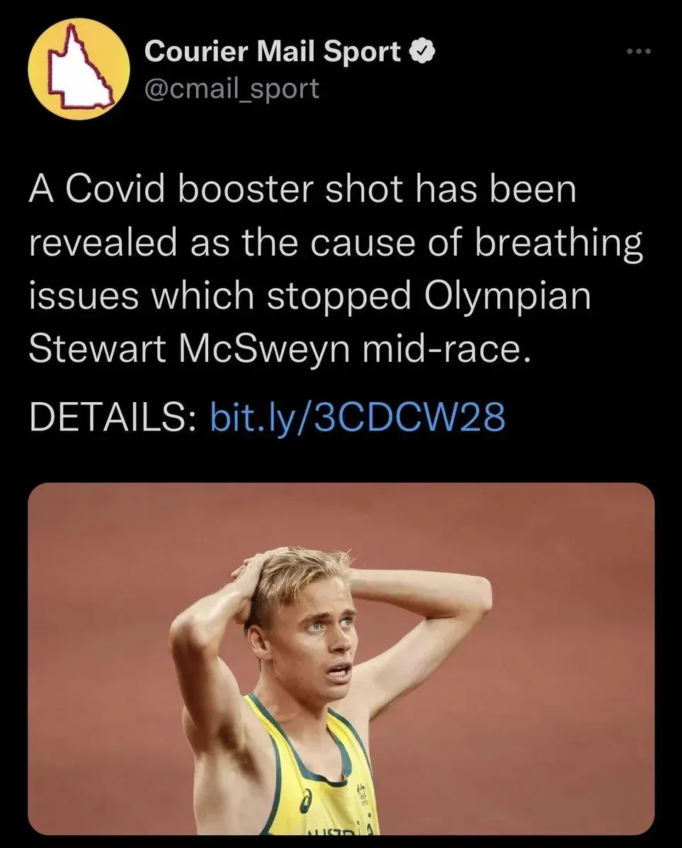 Courier Mail Sport tweet - Covid booster shot revealed as cause of breathing issues which stopped Olympian Stewart McSweyn mid-race, photo of Australian athlete