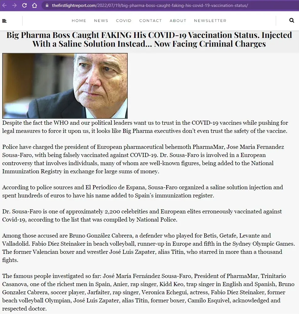 Article - Big Pharma Boss Caught Faking His COVID-19 Vaccination Status, injected with saline solution instead, now facing criminal charges. PharmaMar CEO and approximately 2,200 European elites on fake vaccination list