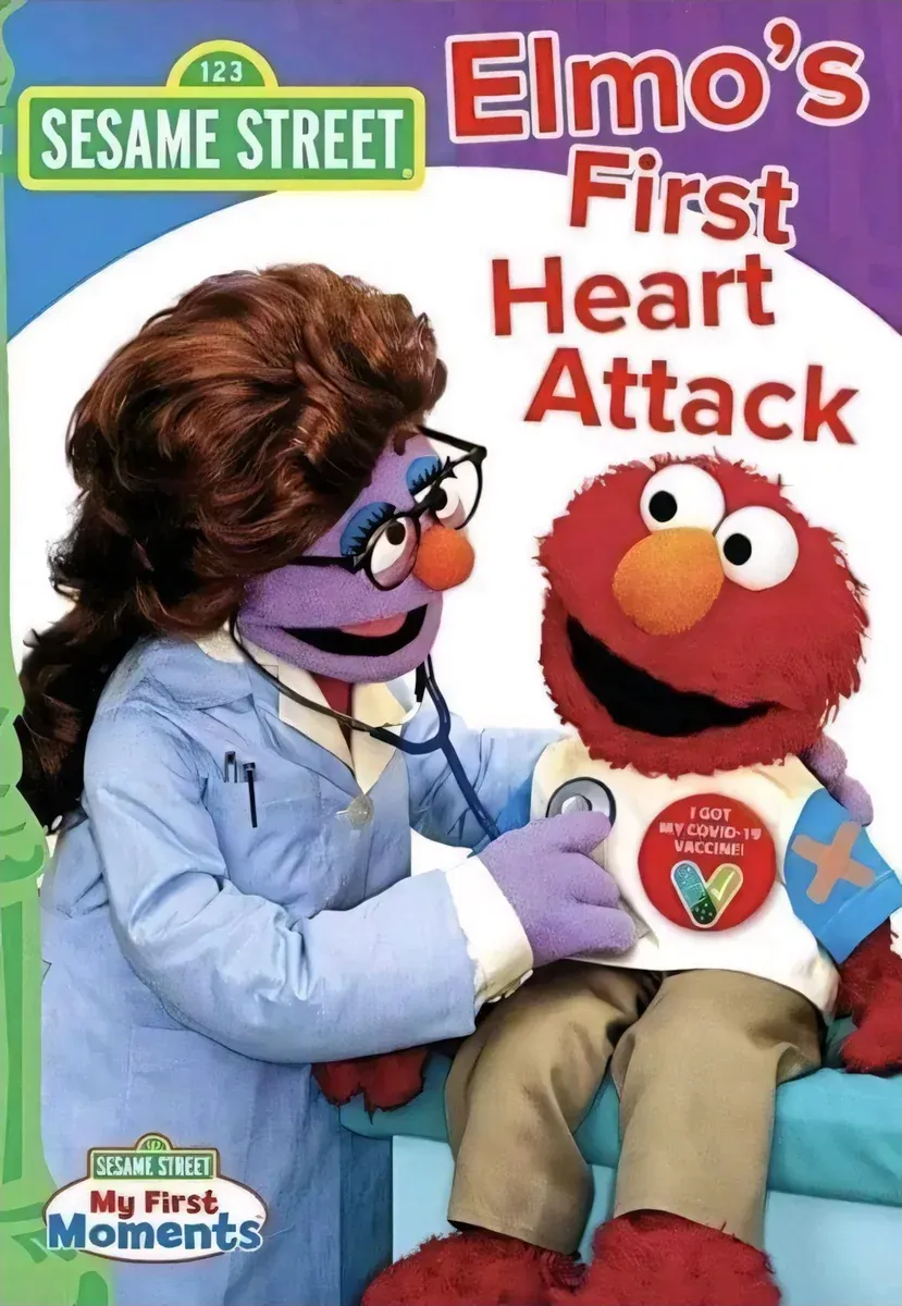Satirical Sesame Street parody - Elmo's First Heart Attack - Elmo wearing I Got My COVID-19 Vaccine badge with arm bandage, doctor puppet with stethoscope