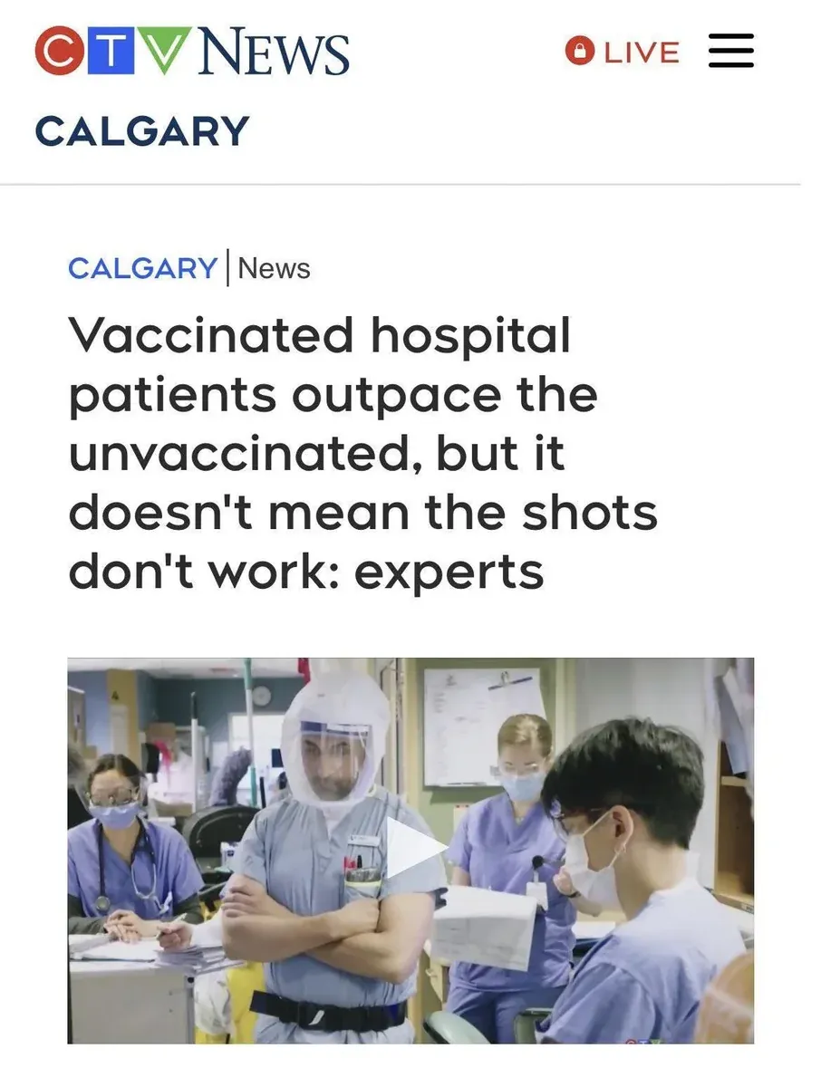 CTV News Calgary headline - Vaccinated hospital patients outpace the unvaccinated, but it doesn't mean the shots don't work: experts