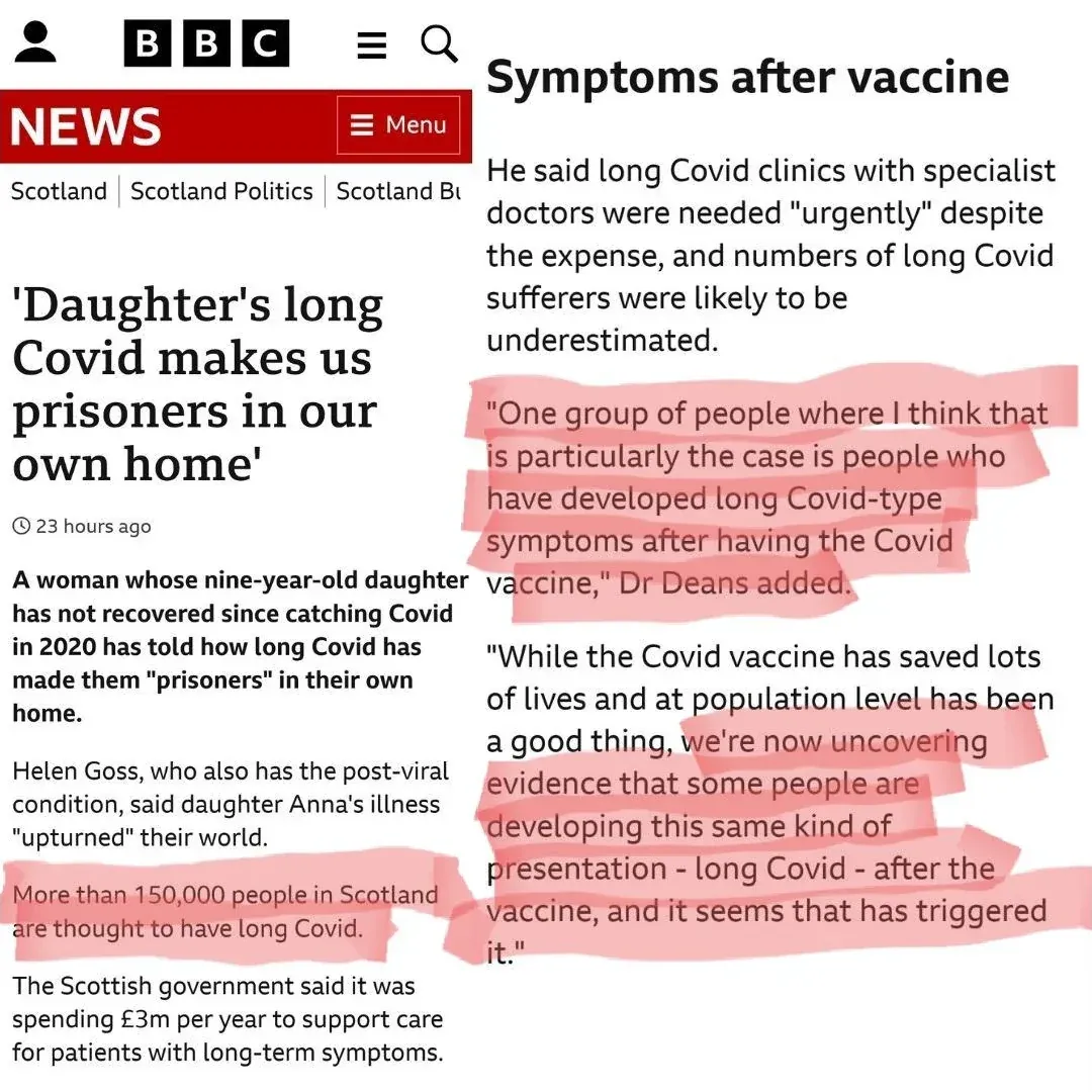 BBC News Scotland long Covid article with highlighted Dr Deans quote about people developing long Covid-type symptoms after having the Covid vaccine, evidence that vaccine has triggered it