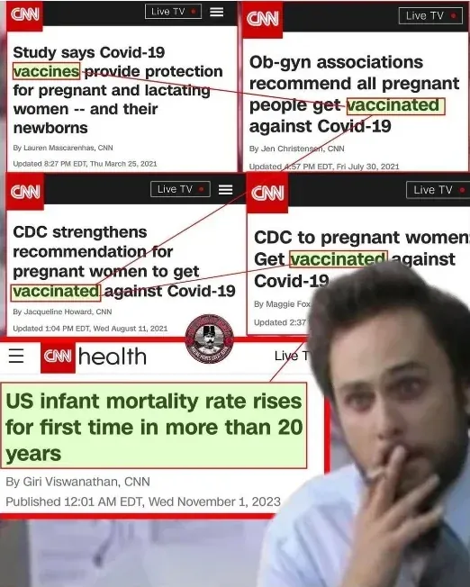 Collage of 4 CNN headlines pushing Covid vaccines for pregnant women (Mar-Aug 2021) contrasted with CNN headline: US infant mortality rate rises for first time in more than 20 years (Nov 2023), with shocked reaction face