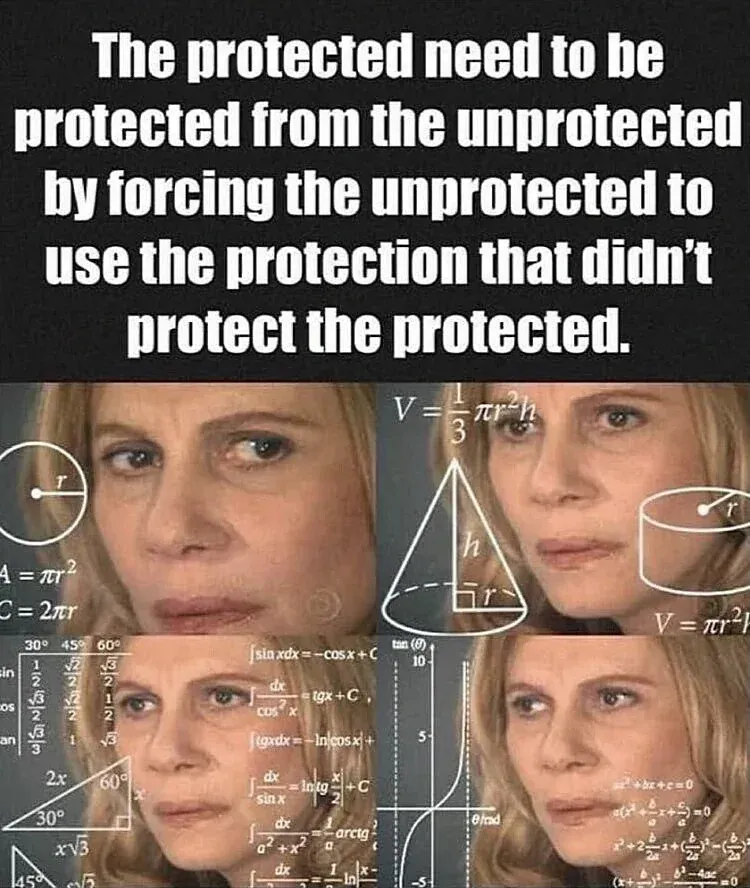 Confused math lady meme - The protected need to be protected from the unprotected by forcing the unprotected to use the protection that didn't protect the protected