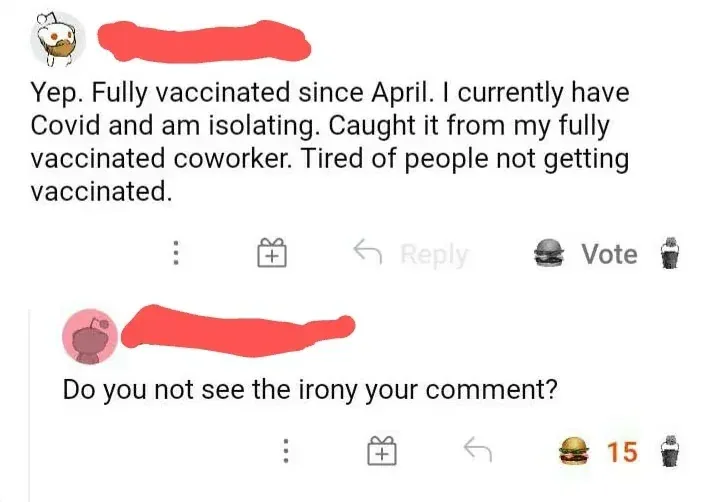 Reddit comment - fully vaccinated since April, has Covid caught from fully vaccinated coworker, tired of people not getting vaccinated. Reply: Do you not see the irony your comment?