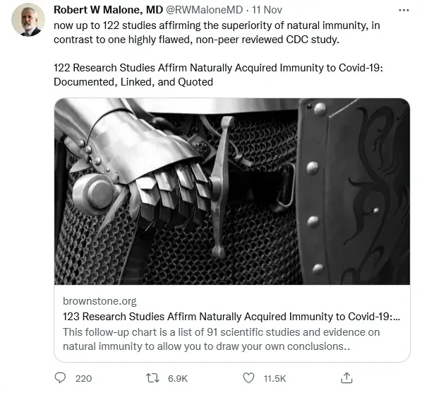 Robert W Malone MD tweet - 122 studies affirming superiority of natural immunity vs one flawed non-peer reviewed CDC study, linking Brownstone.org article