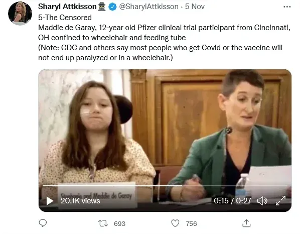 Sharyl Attkisson tweet - The Censored: Maddie de Garay, 12-year-old Pfizer clinical trial participant from Cincinnati OH confined to wheelchair and feeding tube. Video of Stephanie and Maddie testifying