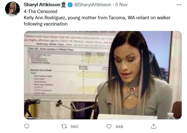 Sharyl Attkisson tweet - The Censored: Kelly Ann Rodriguez, young mother from Tacoma WA reliant on walker following vaccination. Video testimony with clinical trial data in background