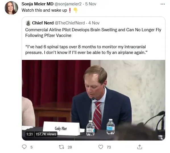 Sonja Meier MD retweeting Chief Nerd - Commercial airline pilot Cody Flint develops brain swelling after Pfizer vaccine, 6 spinal taps over 8 months, doesn't know if he'll fly again.