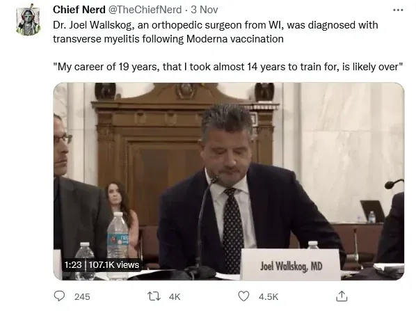 Chief Nerd tweet - Dr Joel Wallskog, orthopedic surgeon from WI, diagnosed with transverse myelitis after Moderna. Career of 19 years that took 14 years to train for is likely over.