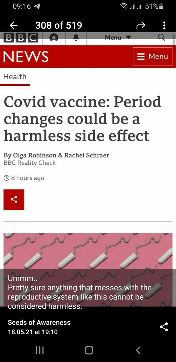 Phone screenshot - BBC News Health: Covid vaccine: Period changes could be a harmless side effect, by Olga Robinson and Rachel Schraer. Below: Seeds of Awareness comment - anything that messes with the reproductive system cannot be considered harmless