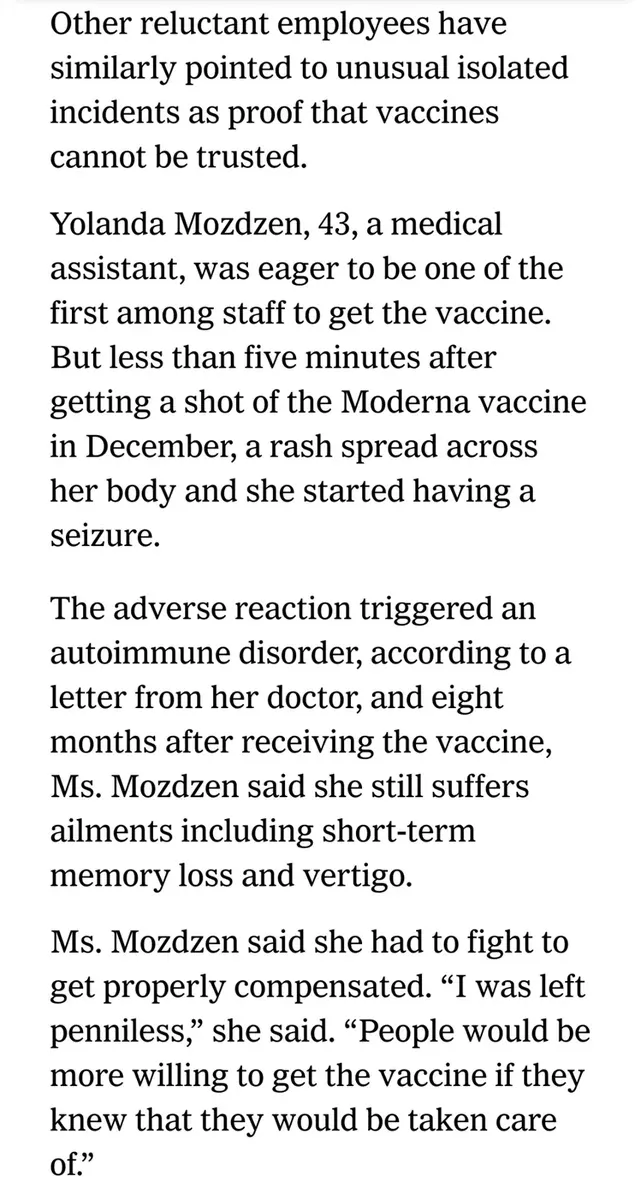 Article excerpt about Yolanda Mozdzen, 43, medical assistant - seizure and rash within five minutes of Moderna vaccine, triggered autoimmune disorder, still suffers memory loss and vertigo eight months later, left penniless fighting for compensation