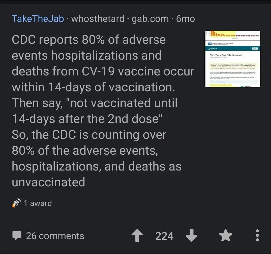 Reddit/Gab post - CDC reports 80% of adverse events from COVID vaccine occur within 14 days, then defines unvaccinated as within 14 days of 2nd dose, so counting over 80% of adverse events as unvaccinated.