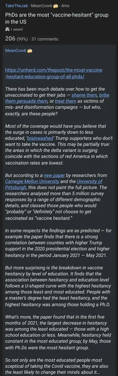 Reddit r/TakeTheJab - PhDs are most vaccine-hesitant group in US. UnHerd article about Carnegie Mellon and Pittsburgh research, 5 million surveys, U-shaped curve by education, PhDs most hesitant and least likely to change minds