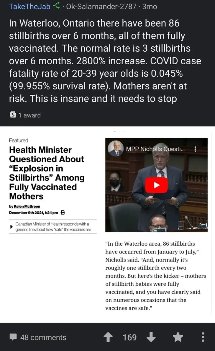 Reddit r/TakeTheJab - 86 stillbirths in Waterloo Ontario over 6 months (normal rate 3), all fully vaccinated, 2800% increase. Article: Health Minister questioned about explosion in stillbirths among fully vaccinated mothers (Dec 9 2021)