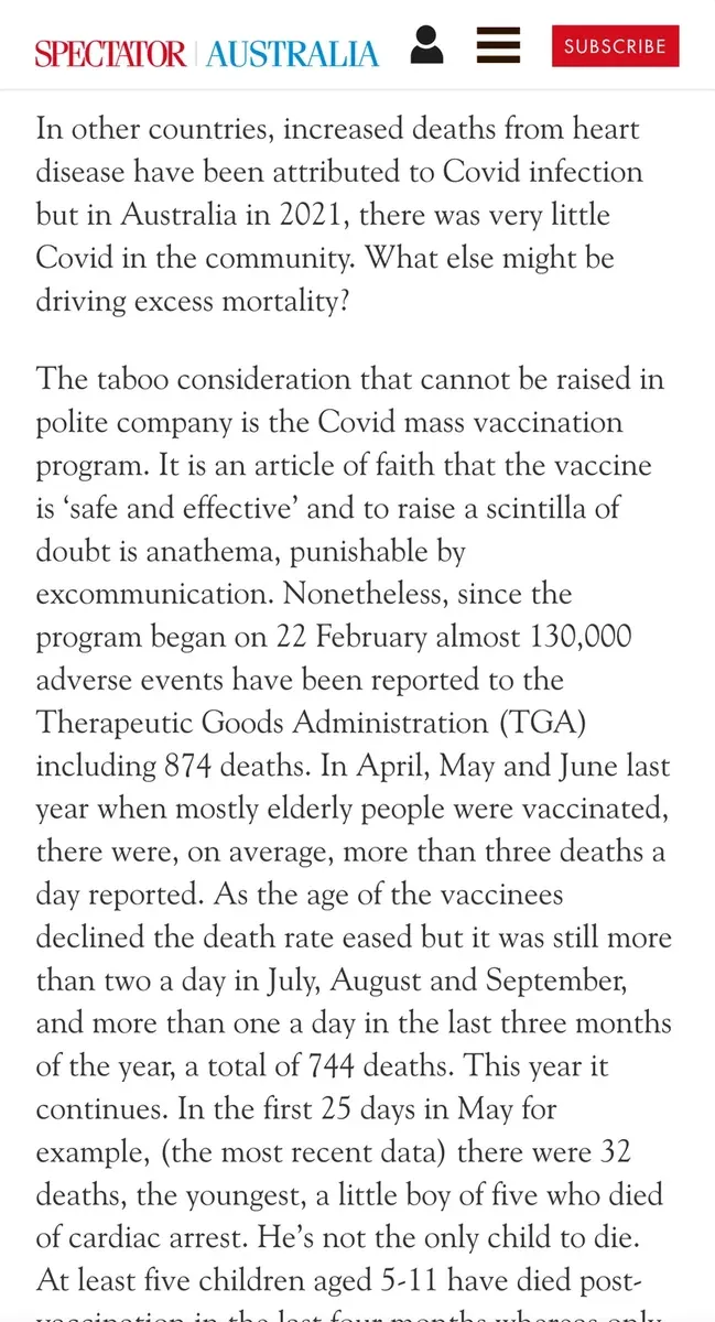 Spectator Australia article about excess mortality and vaccination - 130,000 adverse events reported to TGA including 874 deaths, more than 3 deaths per day when elderly vaccinated, at least 5 children aged 5-11 died post-vaccination including 5-year-old boy from cardiac arrest