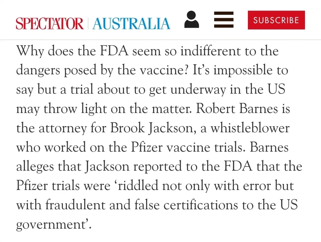 Spectator Australia excerpt - Brook Jackson, whistleblower who worked on Pfizer vaccine trials, reported to FDA that trials were riddled not only with error but with fraudulent and false certifications to the US government