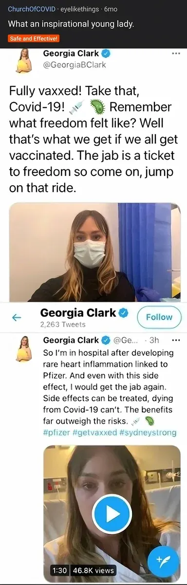 r/ChurchOfCOVID post showing Georgia Clark's progression - Fully vaxxed Take that Covid-19 celebration, then tweet from hospital with rare heart inflammation linked to Pfizer but still says would get jab again, benefits outweigh risks.