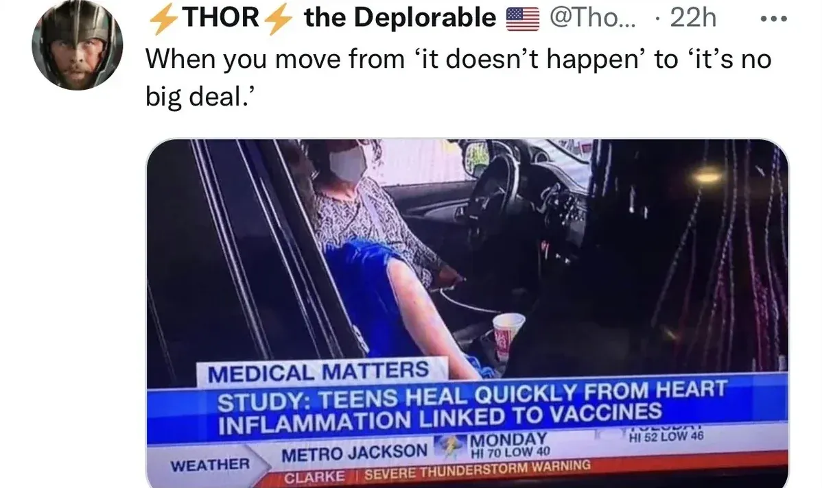 Tweet from Thor the Deplorable - When you move from it doesn't happen to it's no big deal - with TV news chyron: Study: Teens Heal Quickly From Heart Inflammation Linked to Vaccines