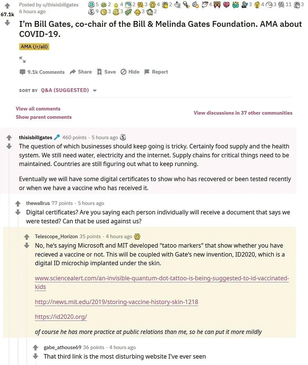Reddit AMA - Bill Gates COVID-19 AMA - Gates says eventually we will have digital certificates to show who has recovered or been vaccinated. Comments discuss Microsoft/MIT quantum dot tattoo markers and ID2020 digital ID