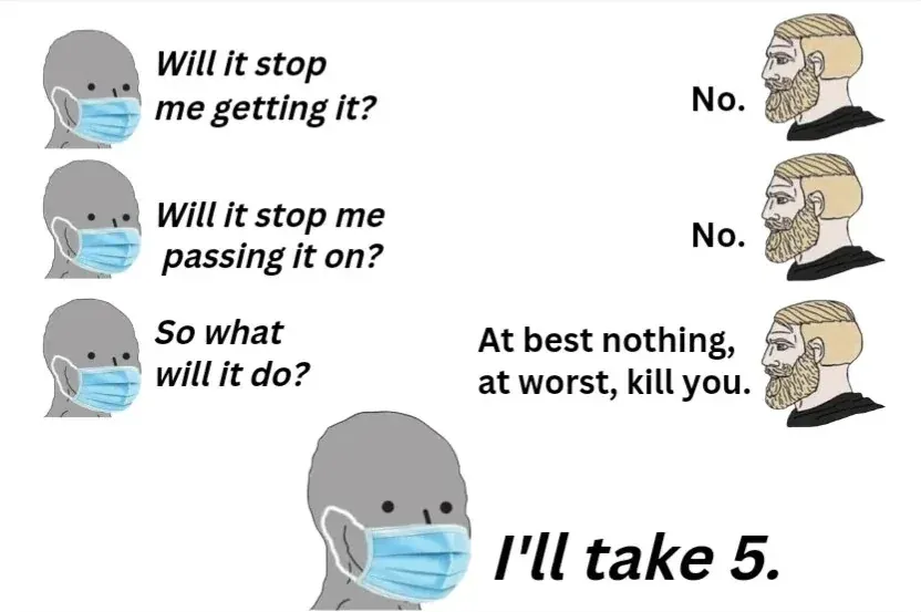 NPC vs Chad meme - Will it stop me getting it? No. Will it stop me passing it on? No. So what will it do? At best nothing, at worst kill you. NPC with mask: I'll take 5