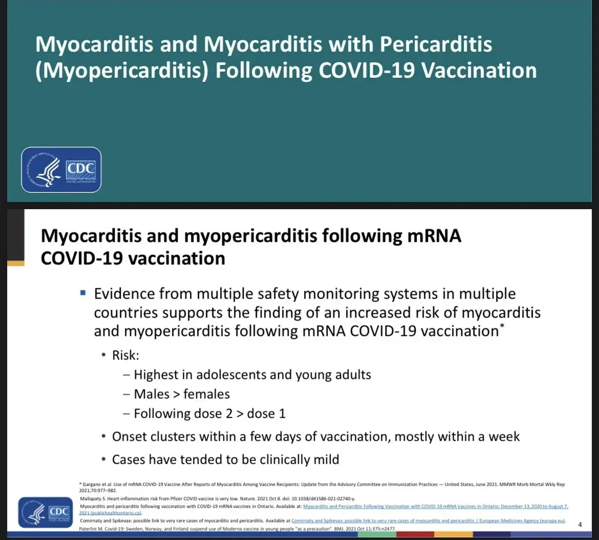 CDC presentation slide - Myocarditis and Myopericarditis Following COVID-19 Vaccination. Evidence from multiple safety monitoring systems supports increased risk, highest in adolescents and young adults, males greater than females, dose 2 greater than dose 1