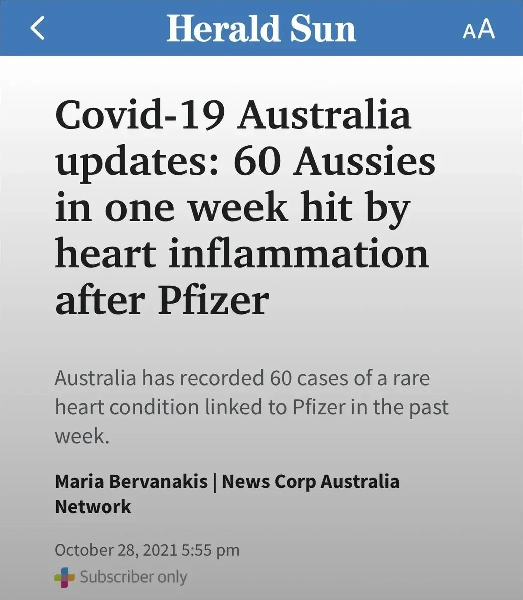 Herald Sun article by Maria Bervanakis (Oct 28 2021) - Covid-19 Australia updates: 60 Aussies in one week hit by heart inflammation after Pfizer jab